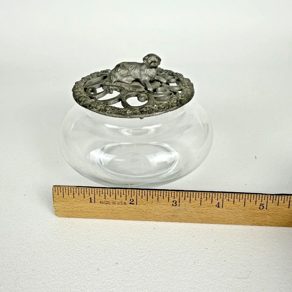 Rawcliffe Pewter Puppy Dog Glass Trinket Box Covered Dish 1989